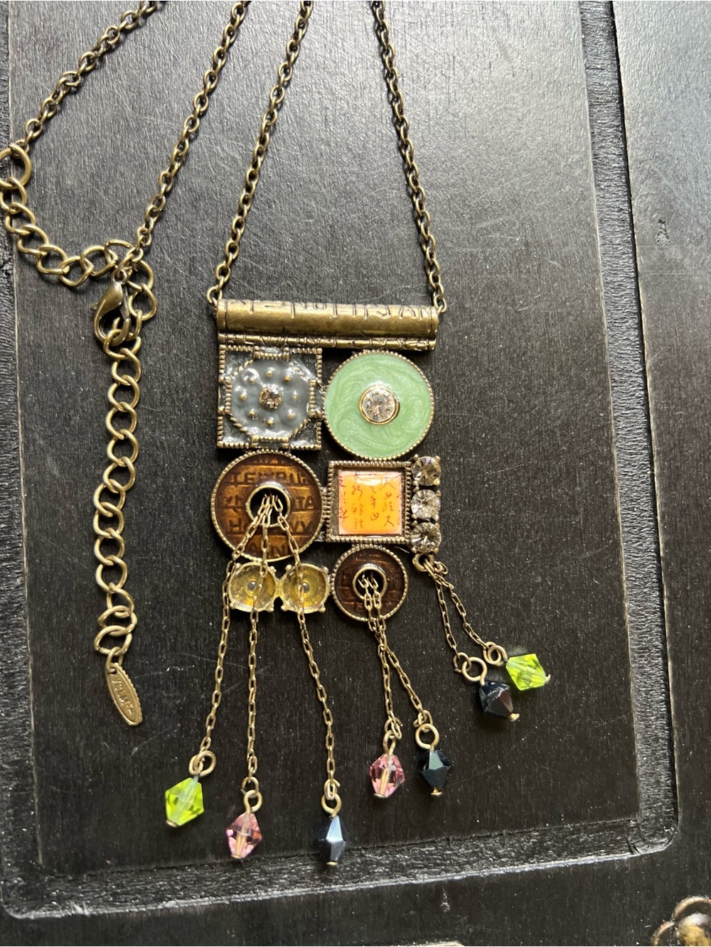 Vintage VCLM Asian Coin Script Rectangular Pendant Necklace Tassel Crystal